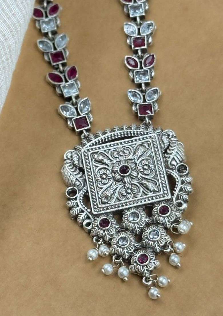 Silver Plated Stone Studded And Beaded Oxidised Jewellery Set - Indya