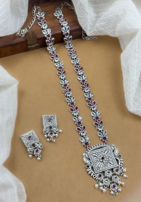 Silver Plated Stone Studded And Beaded Oxidised Jewellery Set
