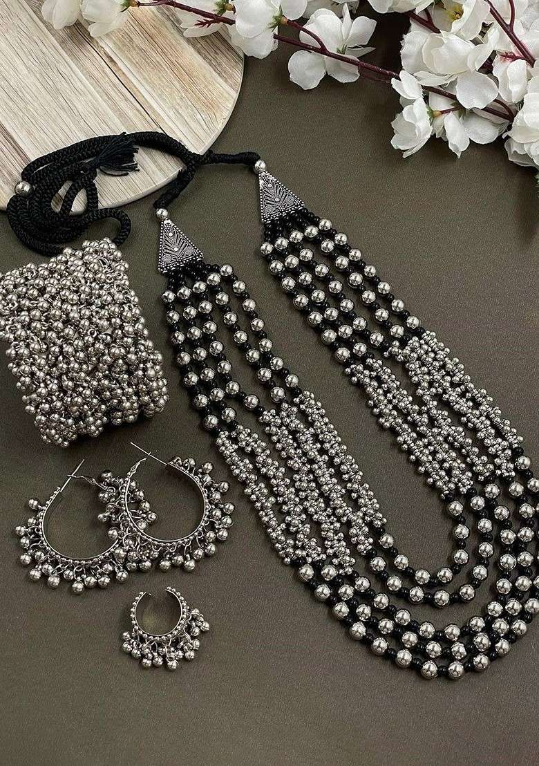 Rubina Silver Plated Oxidised Jewellery Set - Indya
