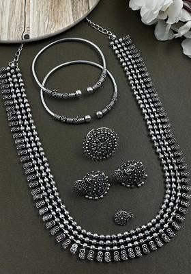 Soumya 3 Line Silver Plated Oxidised Necklace Jewellery Set