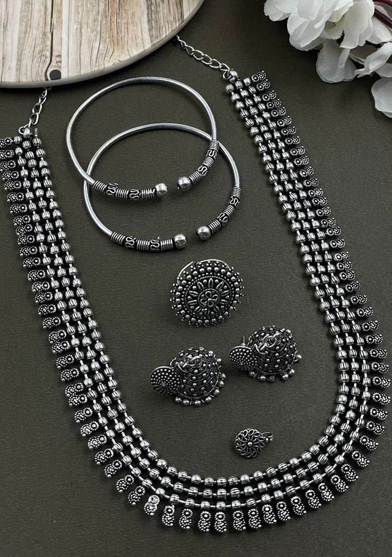 Soumya 3 Line Silver Plated Oxidised Necklace Jewellery Set - Indya