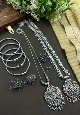 Silver Plated Oxidised Necklace Jewellery Set
