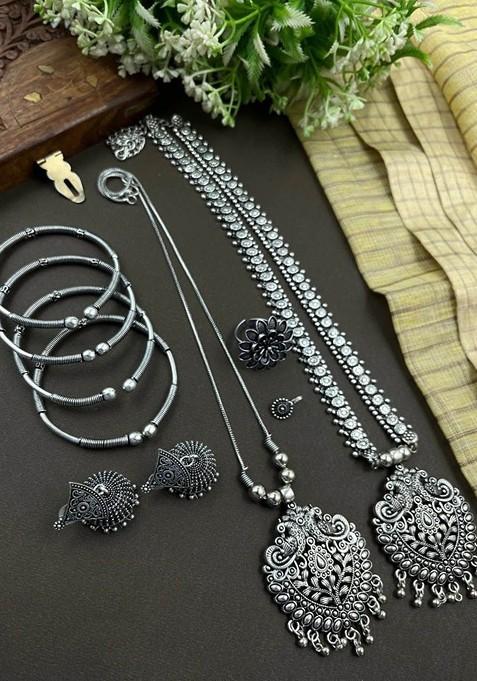 Silver Plated Oxidised Necklace Jewellery Set