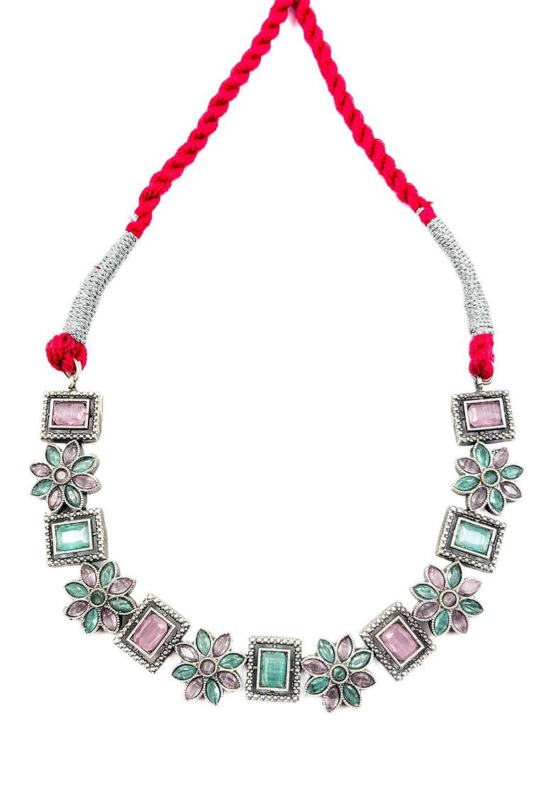 Silver Plated Oxidised Stone Studded Jewellery Set