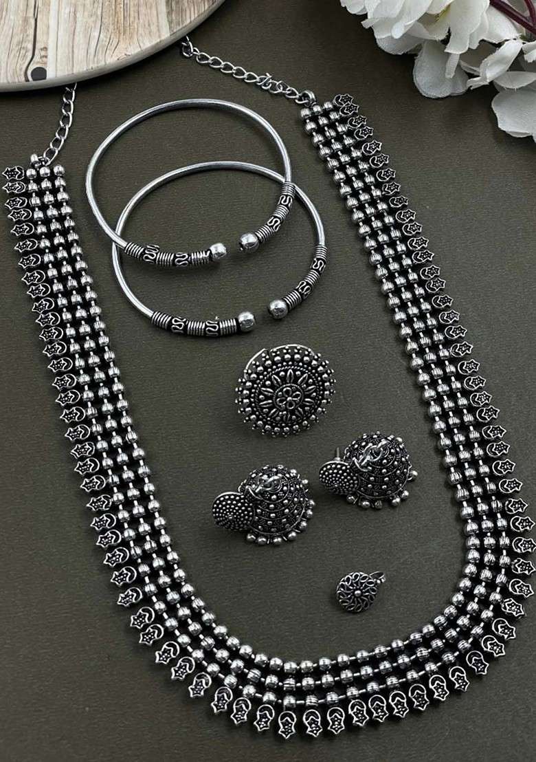 Silver Plated Oxidised Jewellery Set - Indya
