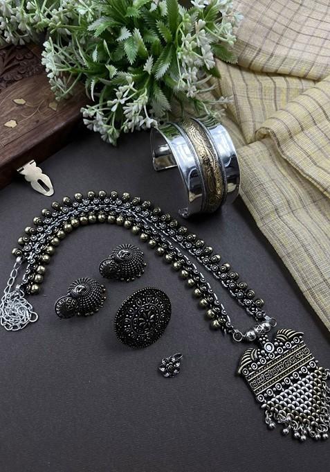 Amina Silver Plated Oxidised Necklace Jewellery Set
