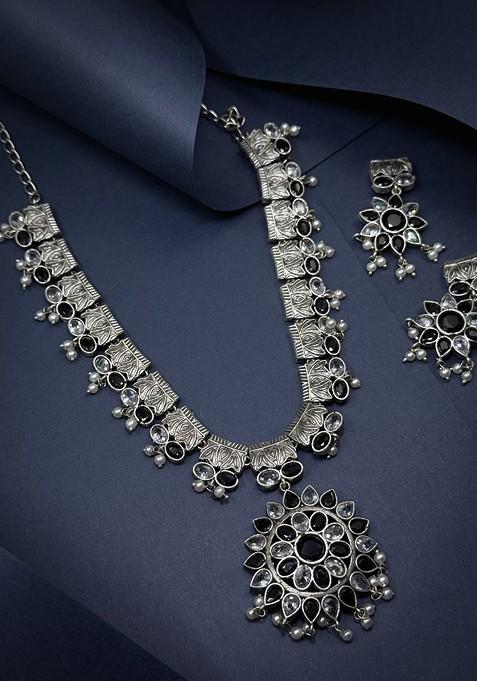 Silver Plated Stone Studded And Beaded Oxidised Jewellery Set