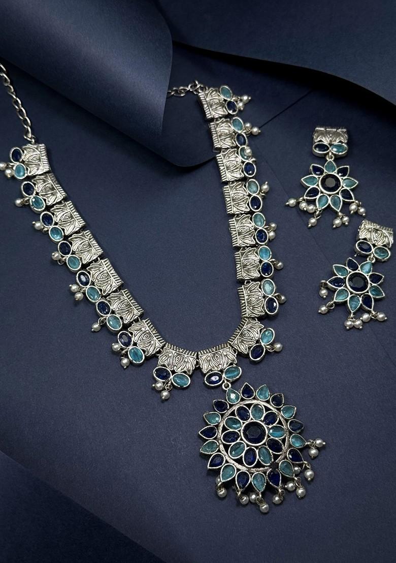 Silver Plated Stone Studded And Beaded Oxidised Jewellery Set