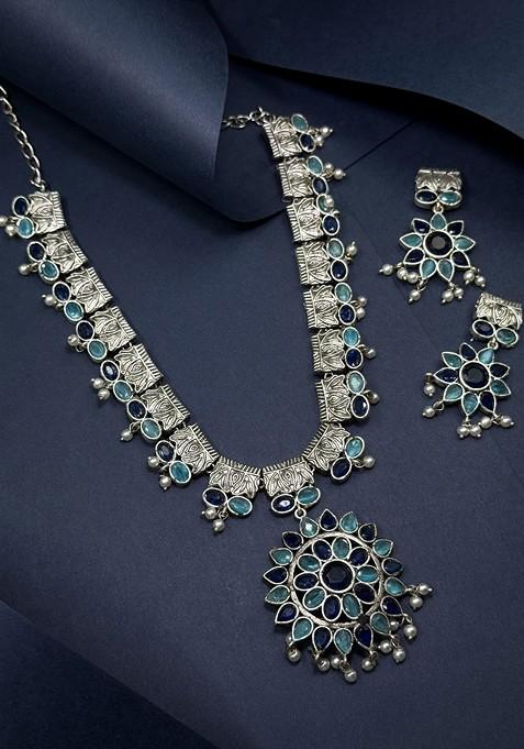 Silver Plated Stone Studded And Beaded Oxidised Jewellery Set
