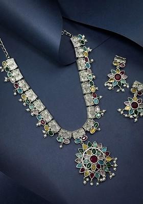 Silver Plated Stone Studded And Beaded Oxidised Jewellery Set