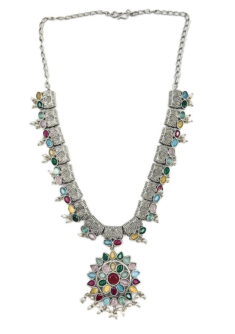 Silver Plated Stone Studded And Beaded Oxidised Jewellery Set