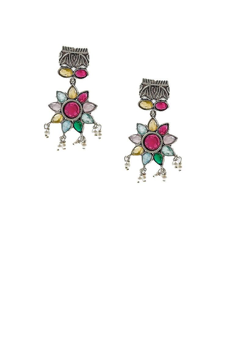 Silver Plated Stone Studded And Beaded Oxidised Jewellery Set