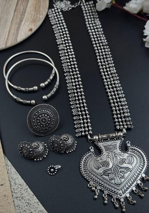 Silver Plated Oxidised Necklace Jewellery Set