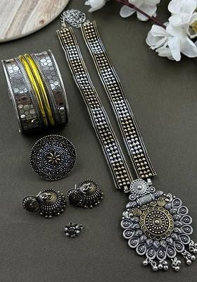 Kia Dual Tone Silver Plated Oxidised Necklace Jewellery Set