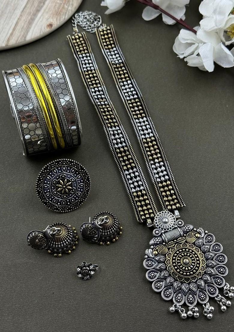Kia Dual Tone Silver Plated Oxidised Necklace Jewellery Set