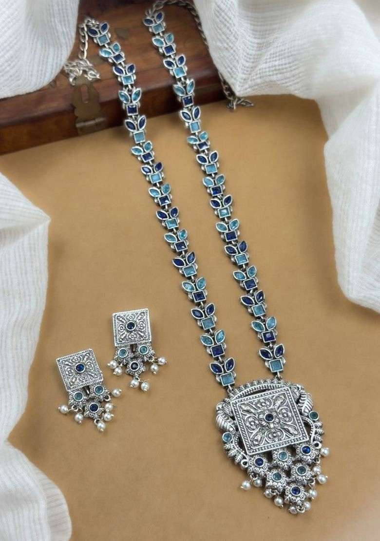 Silver Plated Oxidised Stone Studded And Beaded Jewellery Set - Indya