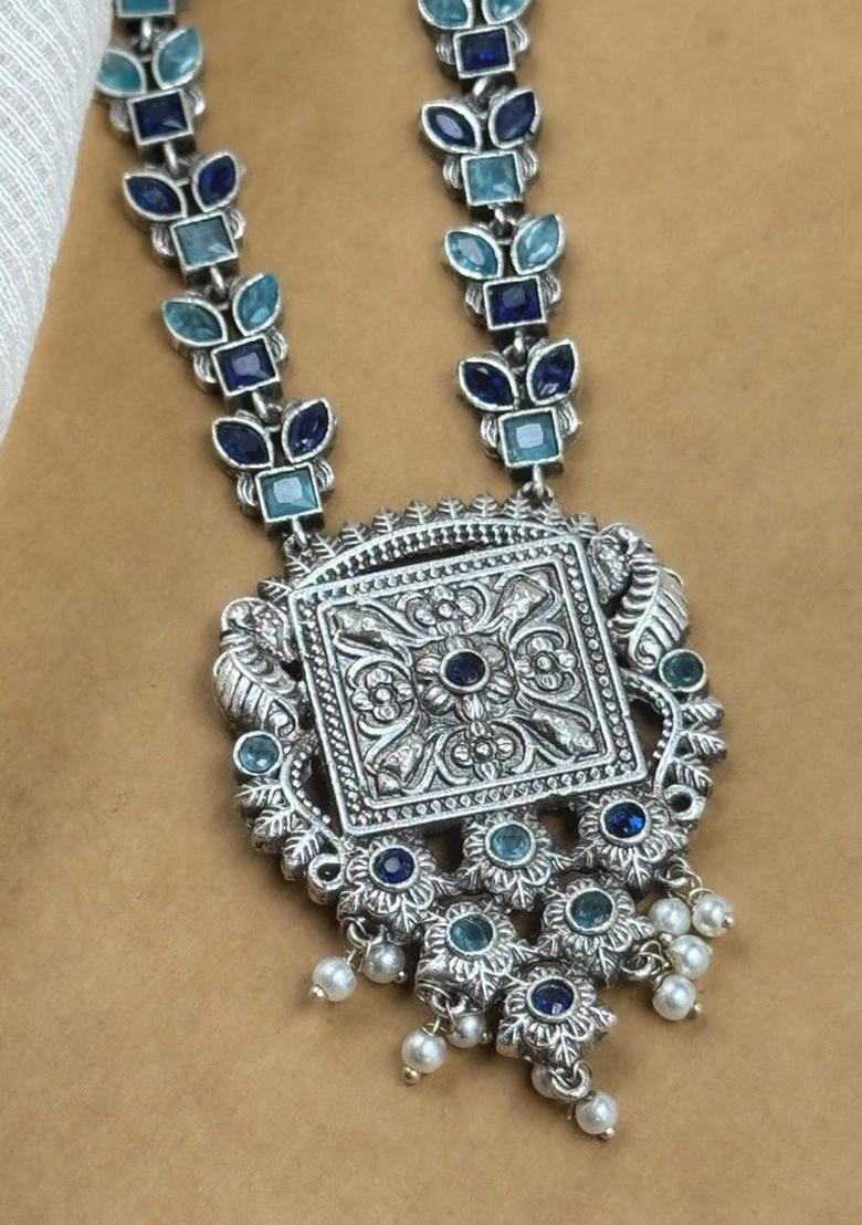 Silver Plated Oxidised Stone Studded And Beaded Jewellery Set