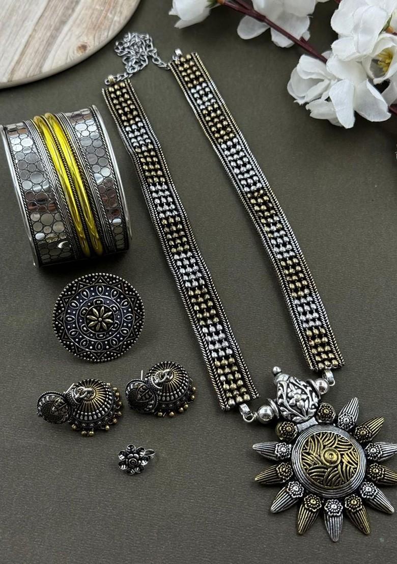 Kia Dual Tone Silver Plated Oxidised Necklace Jewellery Set