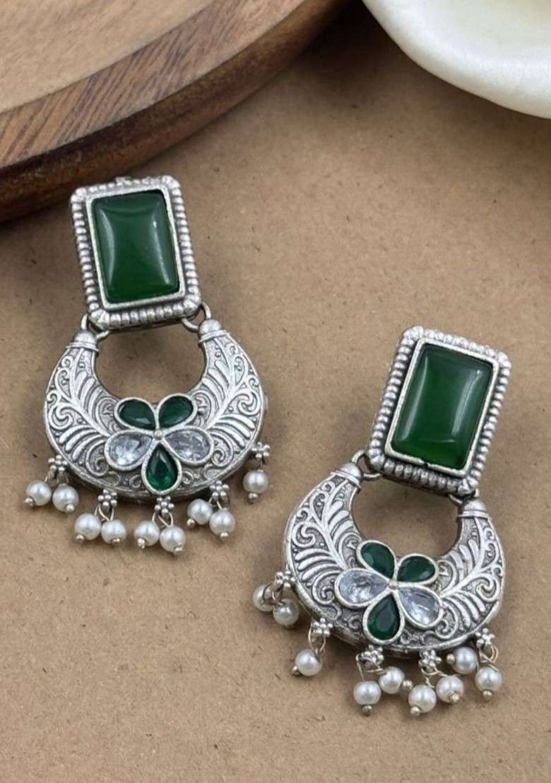 Silver Plated Stone Studded And Beaded Oxidised Jewellery Set - Indya
