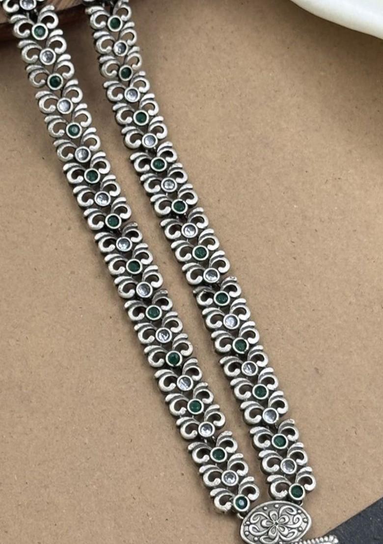 Silver Plated Stone Studded And Beaded Oxidised Jewellery Set