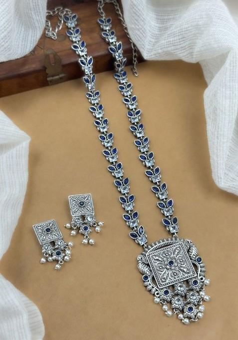 Silver Plated Stone Studded And Beaded Oxidised Jewellery Set