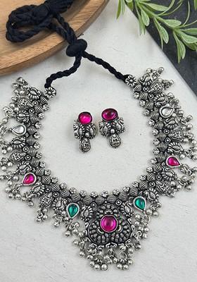 Silver Plated Stone Studded And Beaded Oxidised Jewellery Set