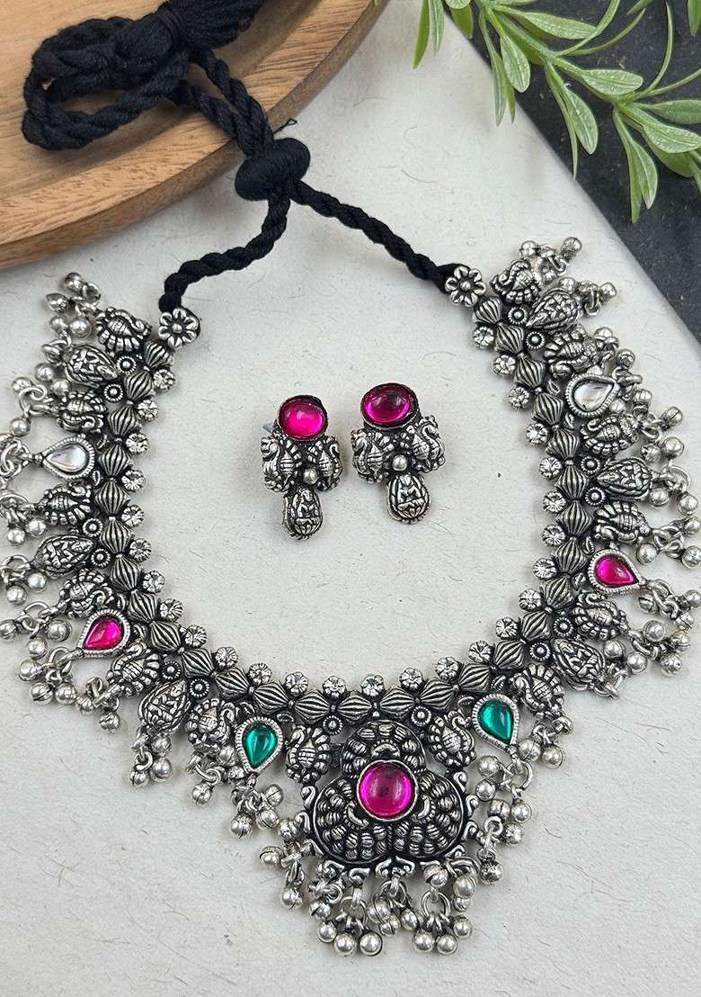 Silver Plated Stone Studded And Beaded Oxidised Jewellery Set - Indya