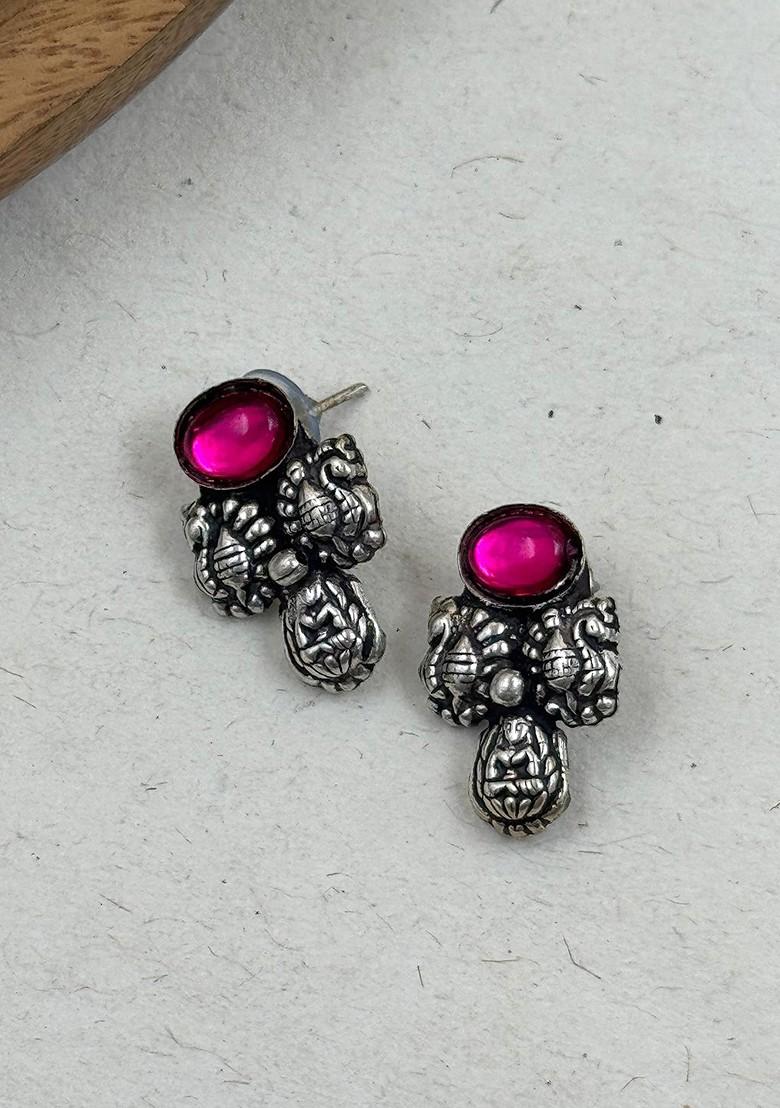 Silver Plated Stone Studded And Beaded Oxidised Jewellery Set