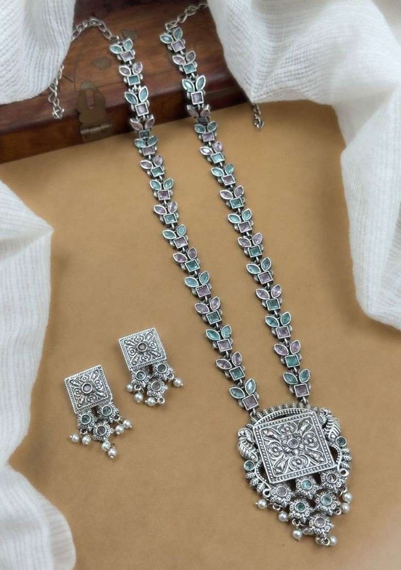 Silver Plated Oxidised Stone Studded And Beaded Jewellery Set - Indya