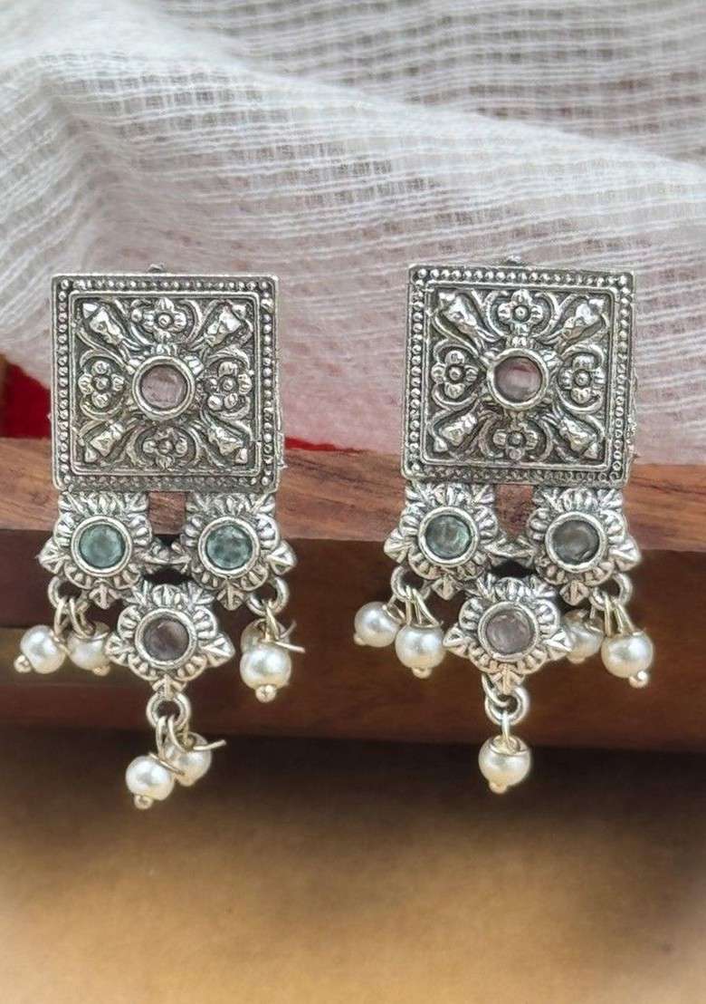 Silver Plated Oxidised Stone Studded And Beaded Jewellery Set - Indya