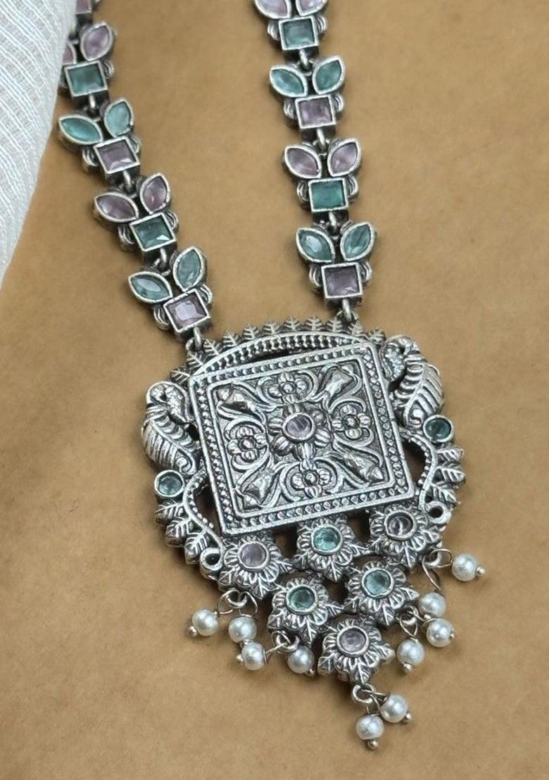 Silver Plated Oxidised Stone Studded And Beaded Jewellery Set