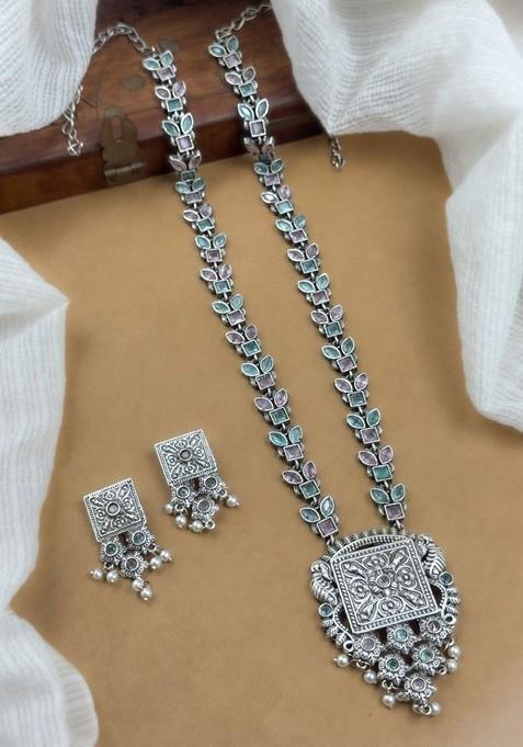Silver Plated Oxidised Stone Studded And Beaded Jewellery Set