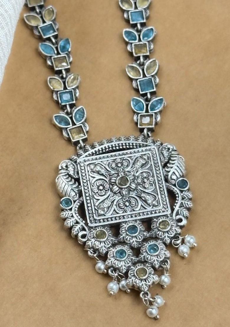 Silver Plated Oxidised Stone Studded Jewellery Set
