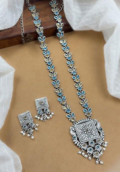 Silver Plated Oxidised Stone Studded Jewellery Set
