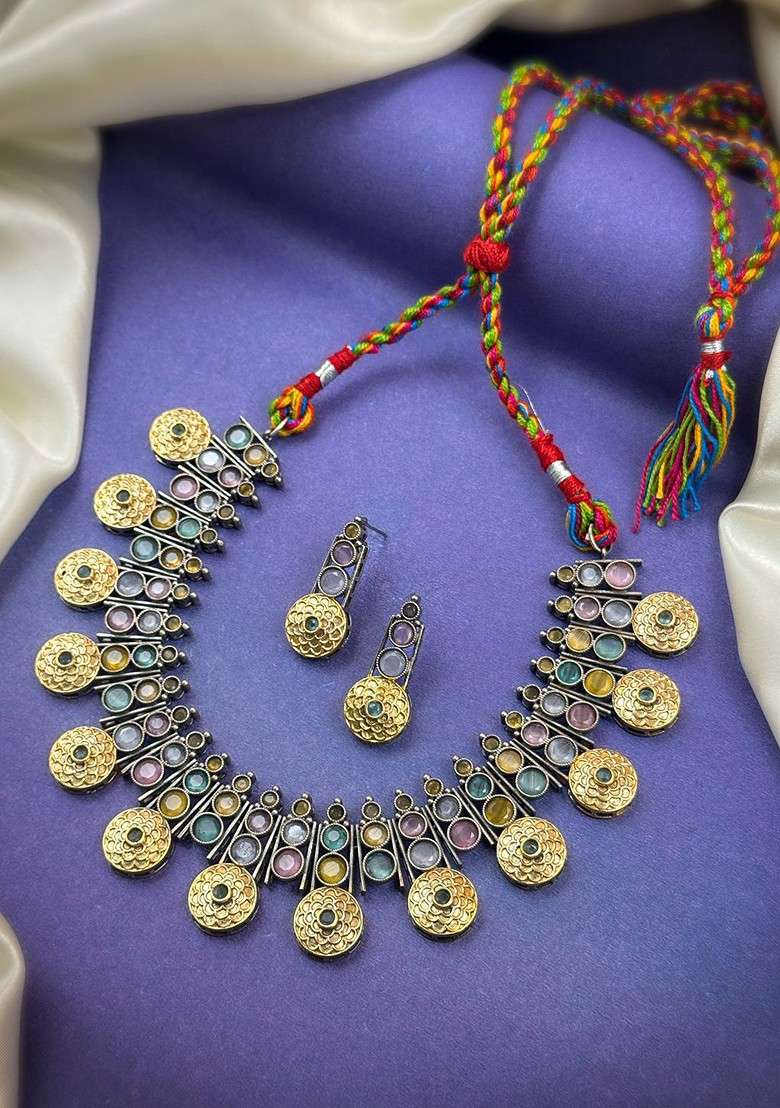 Gold Plated Stone Studded Jewellery Set - Indya