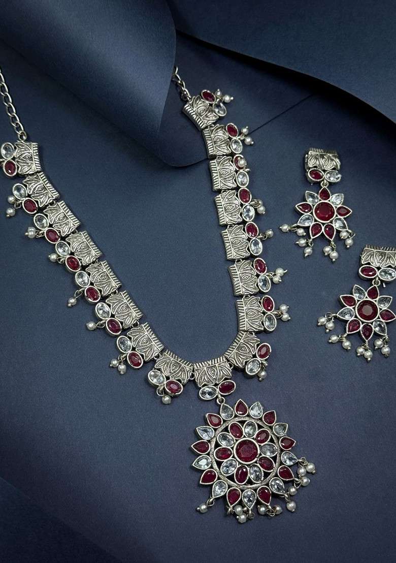 Silver Plated Oxidised Stone Studded And Beaded Jewellery Set - Indya