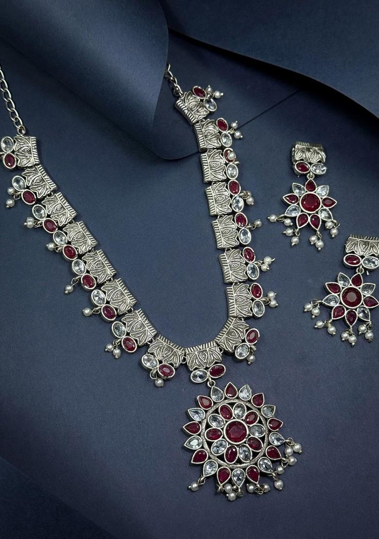 Silver Plated Oxidised Stone Studded And Beaded Jewellery Set