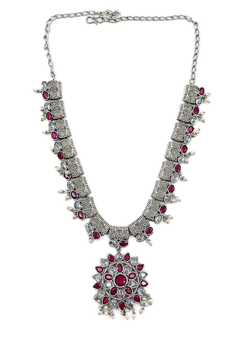 Silver Plated Oxidised Stone Studded And Beaded Jewellery Set - Indya