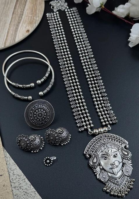 Silver Plated Oxidised Necklace Jewellery Set