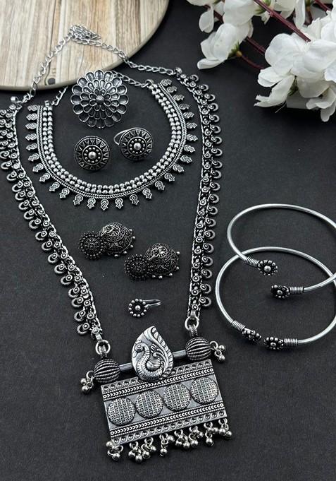 Silver Plated Oxidised Necklace Jewellery Set