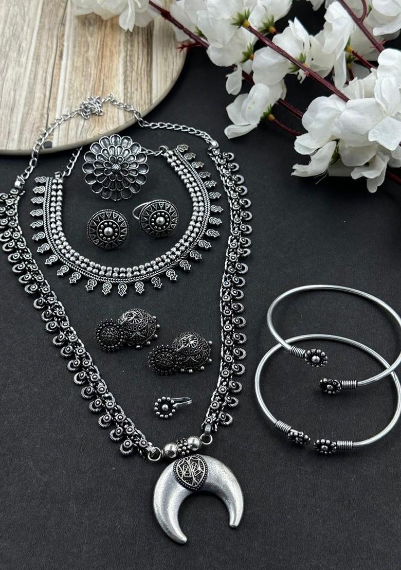 Silver Plated Oxidised Necklace Jewellery Set