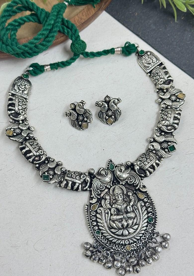 Silver Plated Oxidised Stone Studded And Beaded Jewellery Set