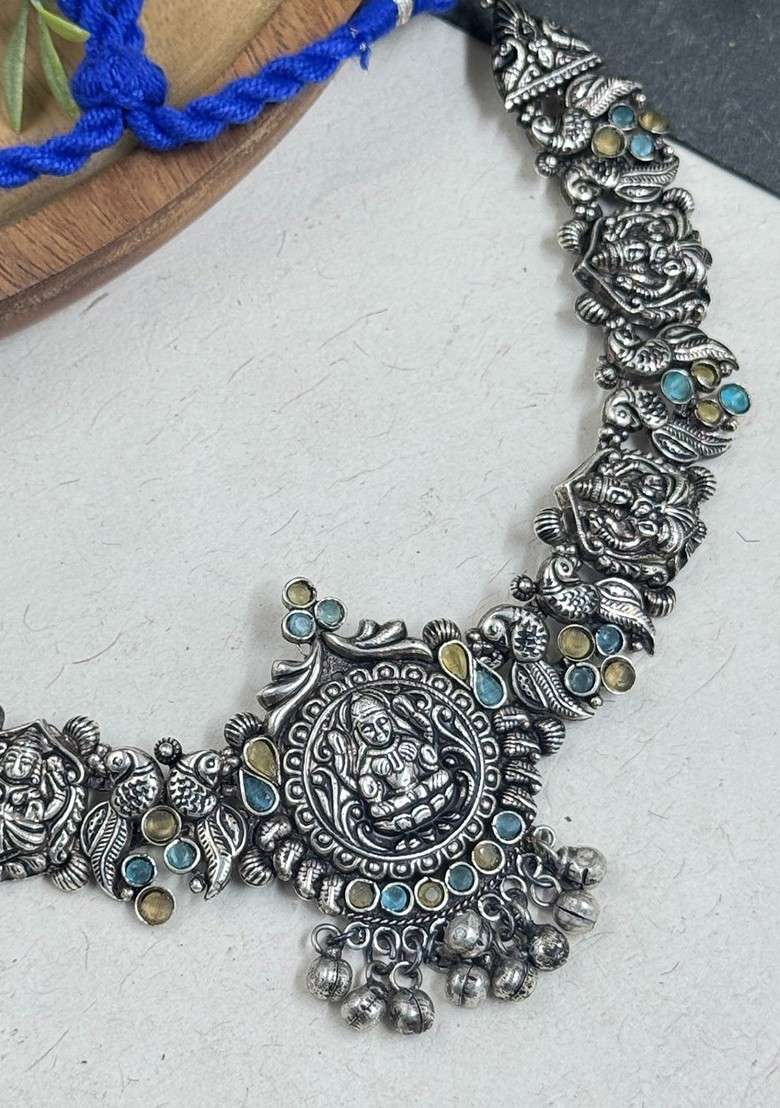 Silver Plated Oxidised Stone Studded And Beaded Jewellery Set - Indya