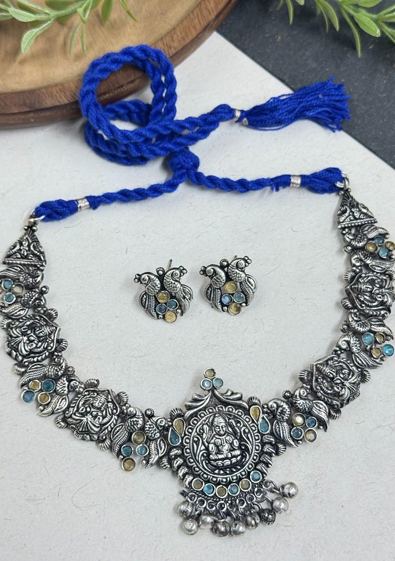 Silver Plated Oxidised Stone Studded And Beaded Jewellery Set
