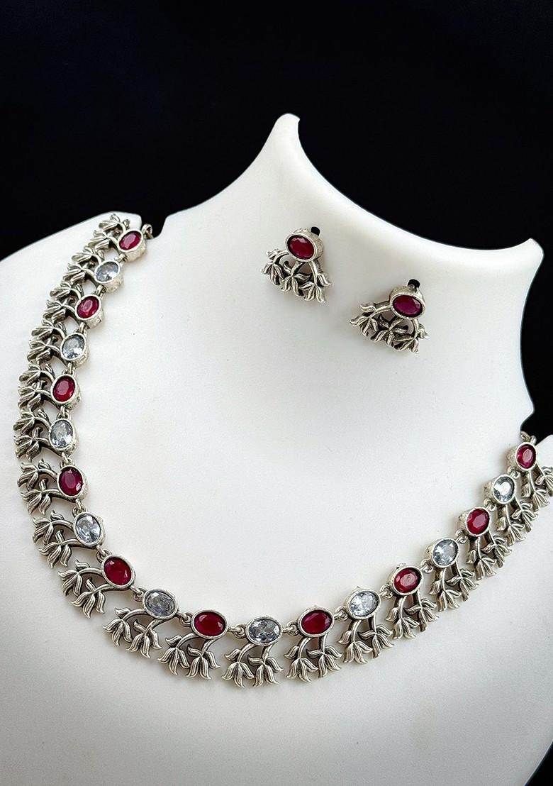 Silver Plated Stone Studded Oxidised Jewellery Set