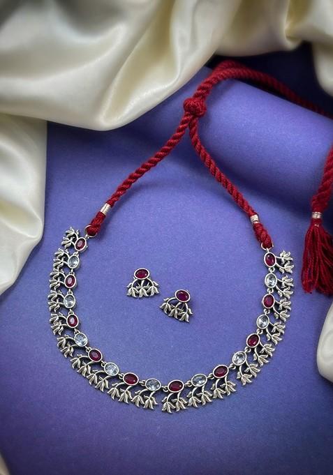 Silver Plated Stone Studded Oxidised Jewellery Set