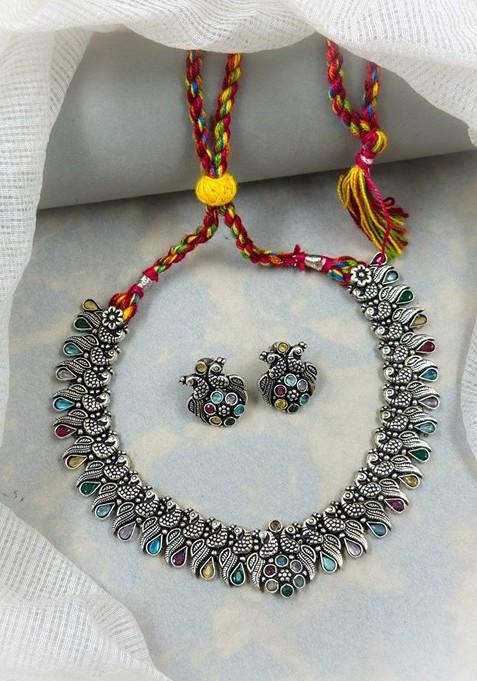 Silver Plated Stone Studded Oxidised Jewellery Set