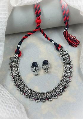 Silver Plated Stone Studded And Oxidised Jewellery Set