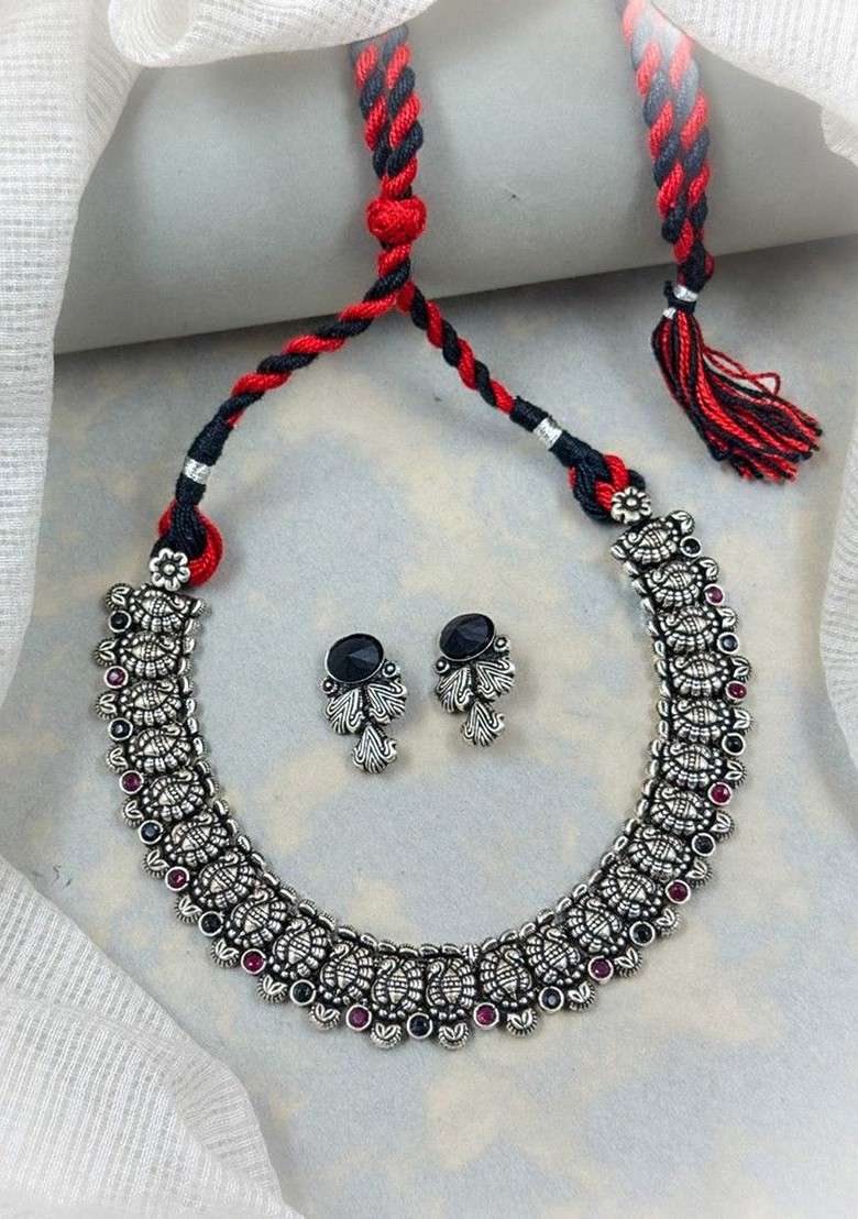 Silver Plated Stone Studded And Oxidised Jewellery Set - Indya
