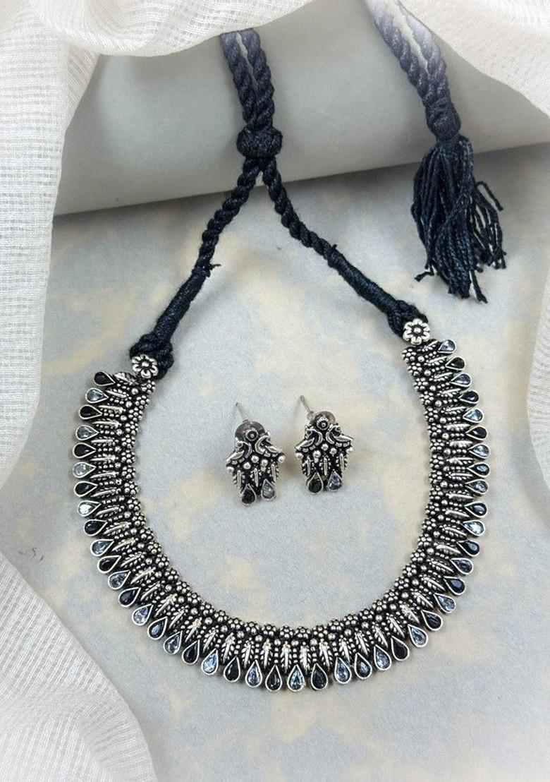 Silver Plated Stone Studded And Oxidised Jewellery Set